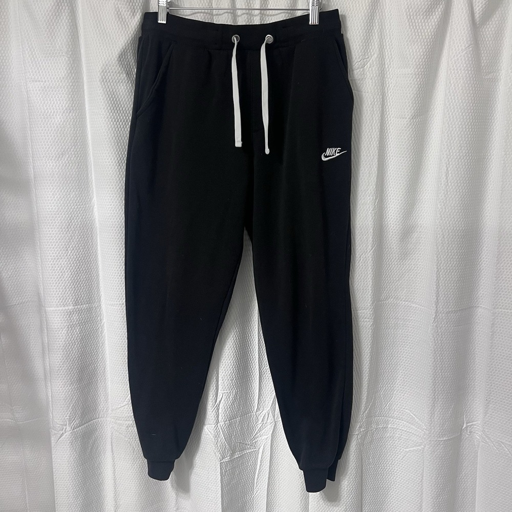 Nike Pants Womens M Black w White‎ Swoosh Jogger Baggy Drawstring Sweatpants EC